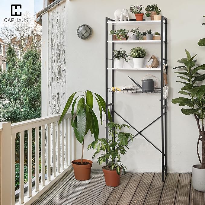 CAPHAUS Over The Toilet Storage, 4-Tier Bathroom Organizer, Freestanding Toilet Shelf, Multifunctional Space Saver Toilet Rack with 4 Hooks, Laundry Organizer, Plant Stand for Balcony (Marble White)-NeatNest