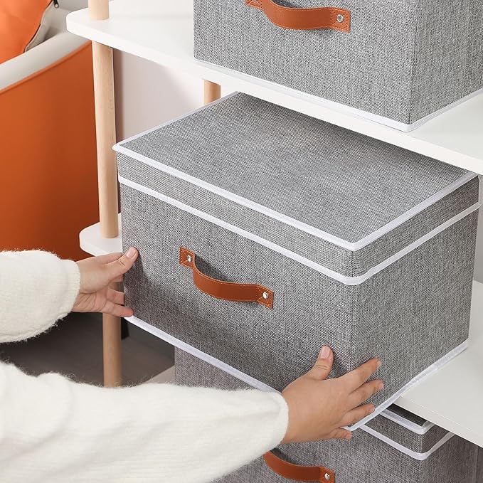 Collapsible Storage Bins with Lids, 1 Pack Linen Foldable Cloth Baskets, 15 x 9.8 x 9.8 Inch Closet Organizer Containers with Double Handles, Sweater Boxes for Bedroom, Grey-NeatNest