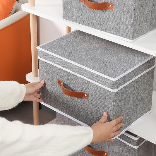Collapsible Storage Bins with Lids, Linen Foldable Cloth Baskets, 17.7 x 11.8 x 11.8 Inch Closet Organizer Containers with Double Handles, Sweater Boxes for Bedroom, Grey, 5 Pack-NeatNest