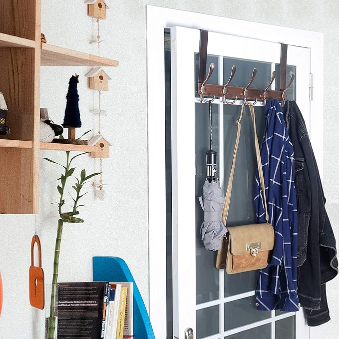 WEBI Over The Door Hook Rack with 5 Tri Hooks for Hanging Coats,Door Hanger Over Door Towel Rack Door Coat Towel Hanger Door Coat Rack,Antique Copper