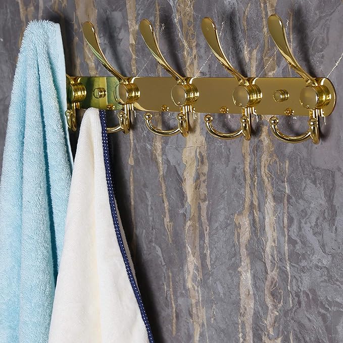 Dseap Coat Rack Wall Mounted - 5 Tri Hooks, Heavy Duty, Stainless Steel, Metal Coat Hook Rail for Coat Hat Towel Purse Robes Mudroom Bathroom Entryway,Gold-NeatNest