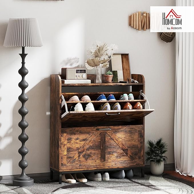 HOMCOM Shoe Storage Cabinet with 2 Flip Drawers, Legs, Farmhouse Freestanding Narrow Shoe Cabinet, Slim Hidden Rack Organizer for Entryway, Hallway, Rustic Brown Wood Grain-NeatNest