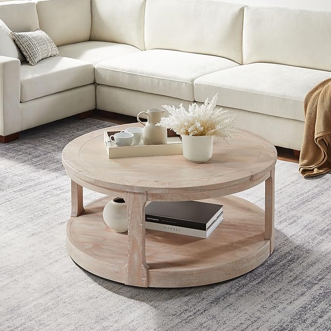 Coffee Table Round Wood Oak 40" Coffee Tables for Living Room Modern Circle Center 2-Tier Solid Desktop Minimalistic Design Accent with Shelf Storage Home Furniture Apartment Office Easy to Assemble-NeatNest