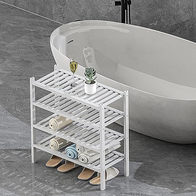 Shoe Rack 2-Tier Organizer-Stackable Storage Shelf with Multi-Function Combinations-Free Standing Bamboo Shoe Racks for Closet,Entryway,Hallway,Bathroom,Living Room Shoe Organization (White, 2-Tier)-NeatNest