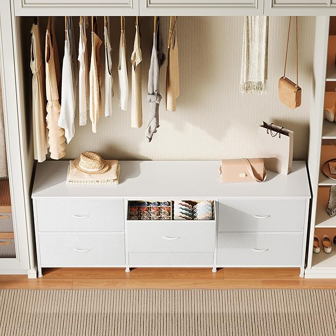 Huuger 63 Inch Long Dresser for Bedroom, Wide TV Stand for 55, 65, 70 Inch TV, 6 Drawer Dresser for Closet with Fabric Drawers, Storage Organizer for Bedroom, Entryway, PU Leather, White-NeatNest