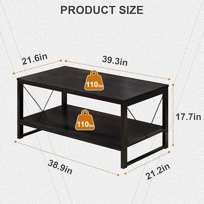 Rectangle Coffee Table Tea Table with Storage Shelf, Farmhouse Wooden Coffe Table for Living Room Table, 40" Rustic Center Table 2-Tier Minimalist Coffee Table Easy Assembly (Black)-NeatNest