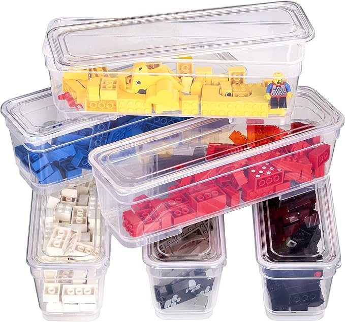 AB Designs Bin Pack, [6] Long Home Organizer Storage Boxes with Lids, Translucent Clear