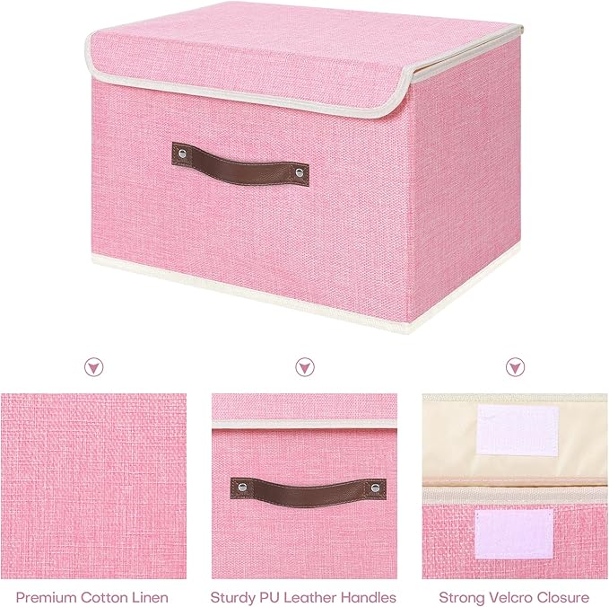 ANMINY 4PCS Storage Bins with Lid PU Leather Handles Storage Boxes PP Plastic Board Decorative Foldable Lidded Cotton Linen Fabric Home Cubes Baskets Closet Organizer Containers - Pink, Large Size-NeatNest