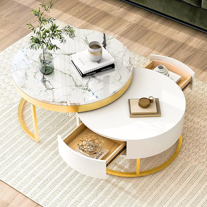 Modern Round Nesting Coffee Table with Drawers in White, Circle Coffee Tables for Living Room