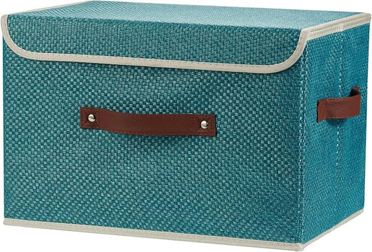 Storage Bins with Lid Fabric Storage Box Basket PU Leather Handle Textured Woven Cotton Linen Decorative Foldable Washable Shelf Closet Organizer Container (Flip-top Lid, Blue, Large)-NeatNest