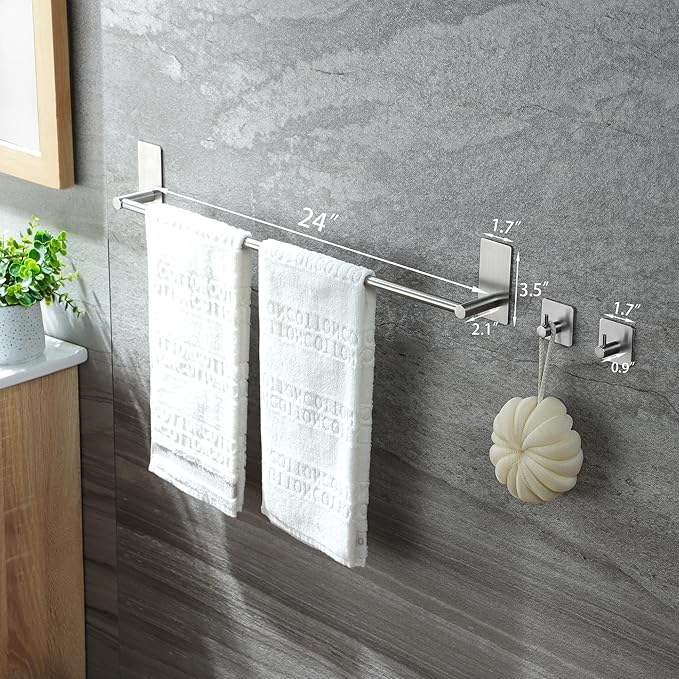 Taozun Towel Bar - 24 Inch Towel Holder with 2 Packs Adhesive Hooks, Hand Towel Rack Stick on Wall, Stainless Steel Bathroom Hardware Accessory Kit