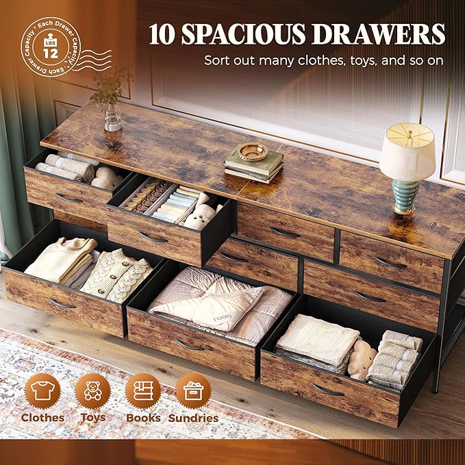 Huuger 63 Inch Dresser for Bedroom, Long Dresser with 10 Fabric Drawers, TV Stand for 55, 65, 70 Inch TV, Toy Storage Organizer for Closet, Rustic Brown-NeatNest