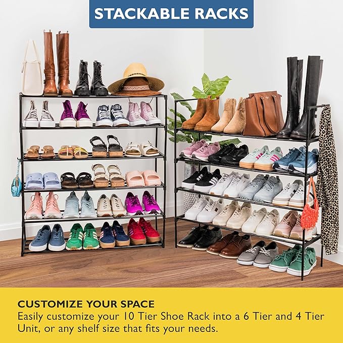 Sundaze Shoe Rack - 10 Tier Metal Shoe Rack for Front Door Entrance, Sturdy Tall Shoe Organizer for Closet, Bedroom, Entryway, Garage, Black Metal Shoe Shelf, Holds Up to 50 Pairs-NeatNest