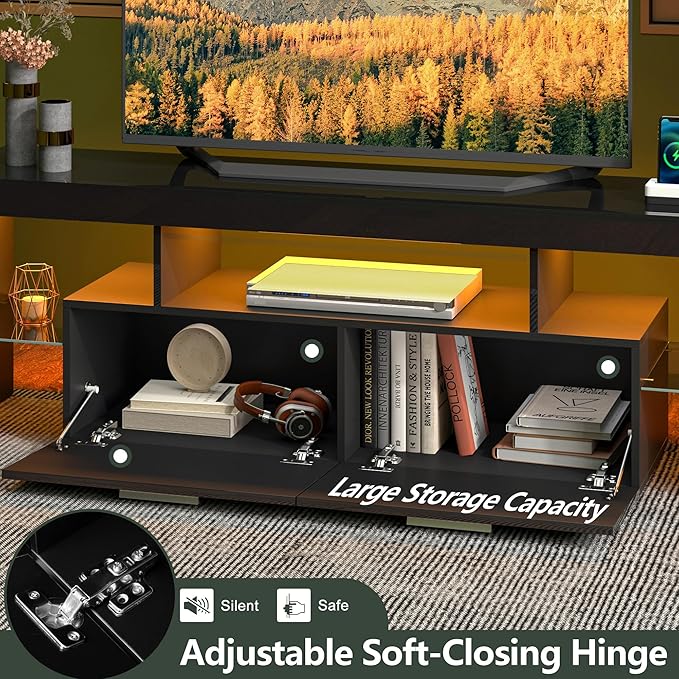 Clikuutory Modern LED Black 67 inch TV Stand with Power Outlet and Large Storage for 40 50 55 60 65 70 75 Inch TVs, Wood TV Console with High Glossy Entertainment Center for Living Room, Bedroom-NeatNest