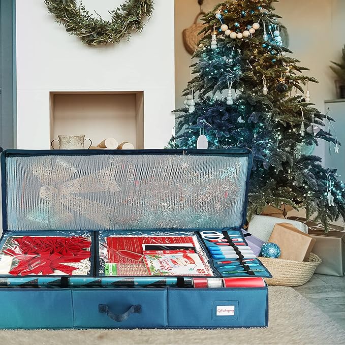 Hearth & Harbor Wrapping Paper Storage Container - Christmas Storage Bag with Ribbon Dispenser and Interior Pockets - Gift Wrap Organizer Fits Up to 26 Rolls of 40" Length, Blue-NeatNest