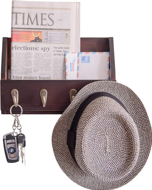 Flintar Wall Mount Key and Mail Holder with 4 Hooks. Made in Taiwan, Solid Wood. Use as Key Rack, Entryway or Mudroom Organizer, Mail & Bill Sorter, Magazine Holder (Walnut)