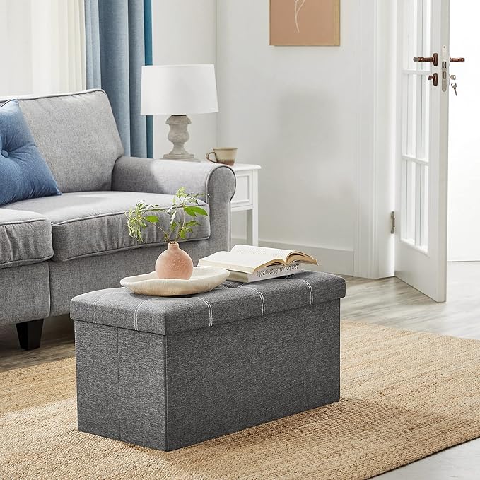 SONGMICS Mazie Collection - 30 Inches Ottoman Storage Bench, 21 Gal. Folding Chest with Breathable Linen-Look Fabric, Load up to 660 lb, for Entryway, Living Room, Bedroom, Dark Gray ULSF001G01-NeatNest