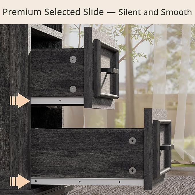 LIKIMIO Farmhouse Nightstand with Storage Drawers and Open Shelf, Small End Tables Living Room, Rustic Wood Side Tables for Bedroom, Roman Column Design, Charcoal Grey