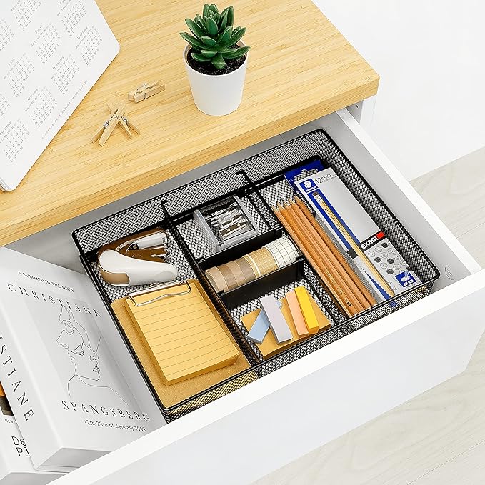 CAXXA Mesh 3 Slot Desk Drawer Organizer with Four Adjustable Dividers - Black-NeatNest