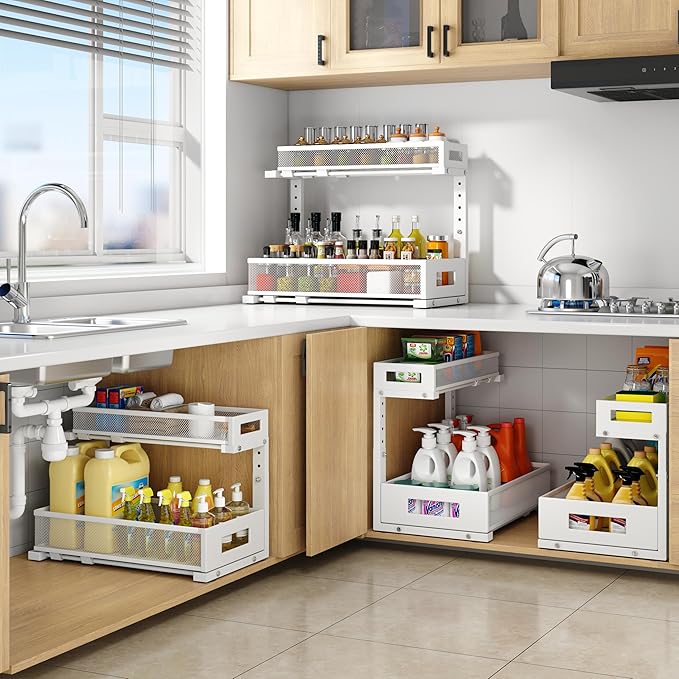 2 Pack 17IN Depth Under Sink Storage Organizer, Large 2-Tier Elegant Mesh Pull Out Shelf for Kitchen and Bathroom Cabinet Organization, L-Shaped and Adjustable Height Design-White-NeatNest