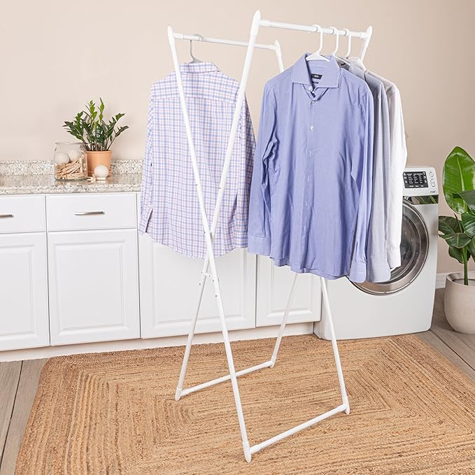 Household Essentials Valet Folding Clothes Rack, Strong Metal X-Frame, Chic Design, Great for Guest and Dressing Rooms, Portable and Easy to Use, Folds Flat, White