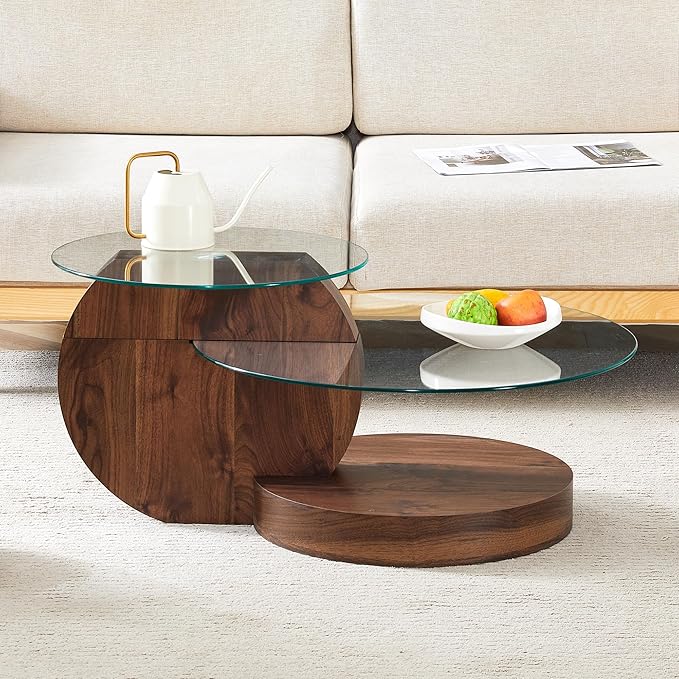 Glass Coffee Tables for Living Room Round Coffee Tables Modern 3 Tier Round Table Circle Coffee Table for Small Space Home Office (35.4 Inch Dark Brown)