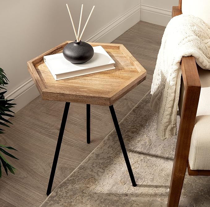 Kate and Laurel Kashvi Modern Hexagon Side Table; 17 x 15 x 20 Natural Wood and Black Decorative Geometric Farmhouse Bedroom Nightstand Table with Tripod Legs and Two Tone Finish