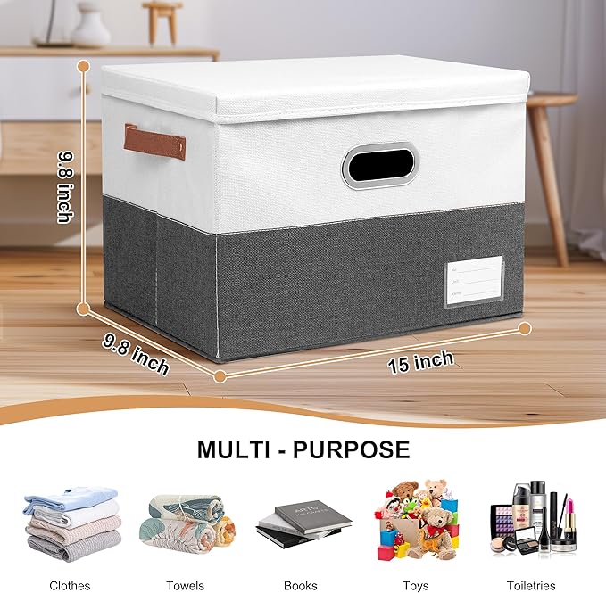 Foldable Fabric Storage Boxes with Lids, Collapsible Versatile Bins Baskets Cubes with Handles for Easy Organization in Closet, Living Room, and Bedroom (Grey & White, 3PCS/15 * 9.8 * 9.8in)-NeatNest
