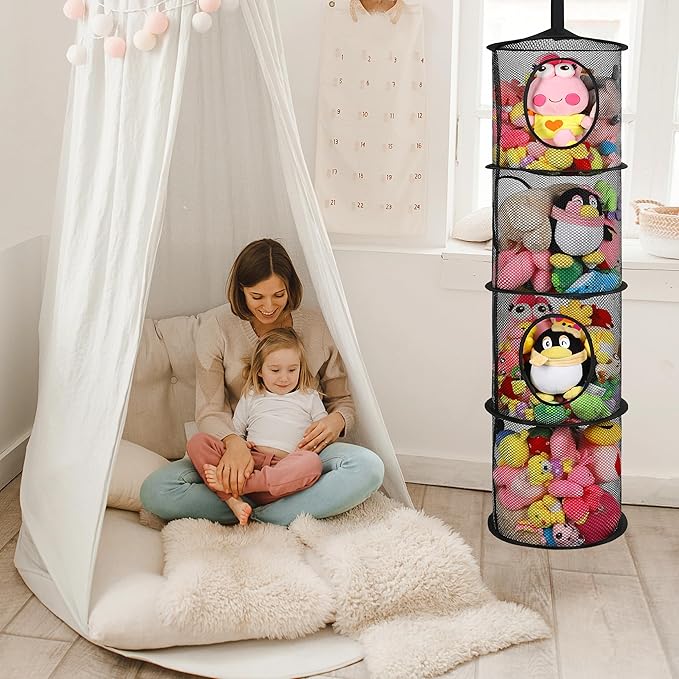2Pcs Stuffed Animal Storage Organizer Foldable Stuffed Animal Net or Hammock Organizer, 4 Compartments Hanging Mesh Toy Storage Hammock for Kid Room Toys, Gloves, Hats, Socks(Black)-NeatNest