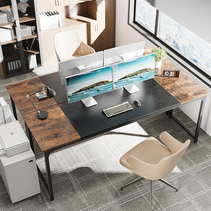 Huuger 78.7 Inch Office Computer Desk with Storage, Writing Work Desk for Home Office, Study, Gaming, Long Simple Desk, Large Legroom, Metal Frame, Rustic Brown and Black-NeatNest