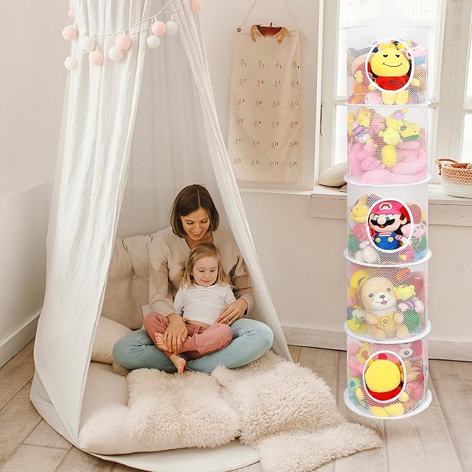 2Pcs Hanging Mesh Space Saver Bags Organizer, Foldable Stuffed Animal Storage Organizer 5 Compartments Toy Storage Organizer for Kid Room Toys, Gloves,Hats,Socks Storage, White-NeatNest