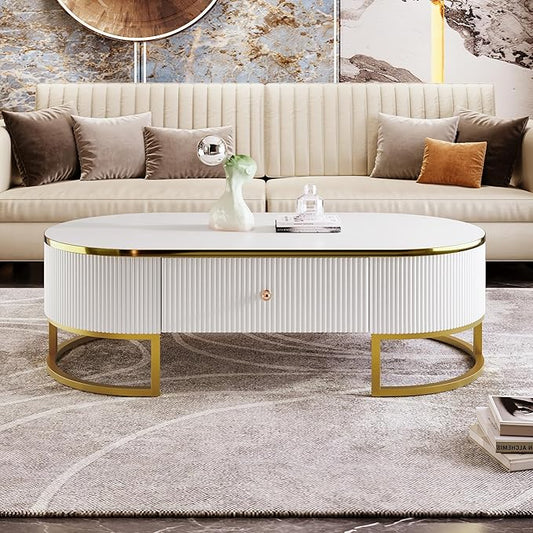 47.2" Modern Oval Coffee Table with Drawers, Curved Profile Design, Gold Metal Decor End Tables Sofa Table for Living Room Office Bedroom Balcony, White & Gold