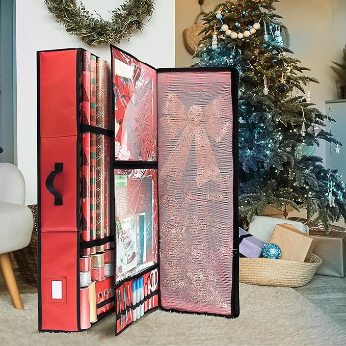 Hearth & Harbor Wrapping Paper Storage Container - Christmas Storage Bag with Ribbon Dispenser and Interior Pockets - Gift Wrap Organizer Fits Up to 26 Rolls of 40" Length, Red-NeatNest