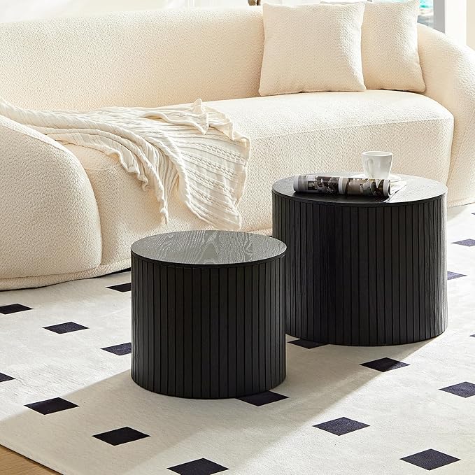 Small Nesting Round Coffee Table Set of 2, Modern Wooden Circle Accent End Side Table for Living Room, Bedroom, No Assembly Required, Black
