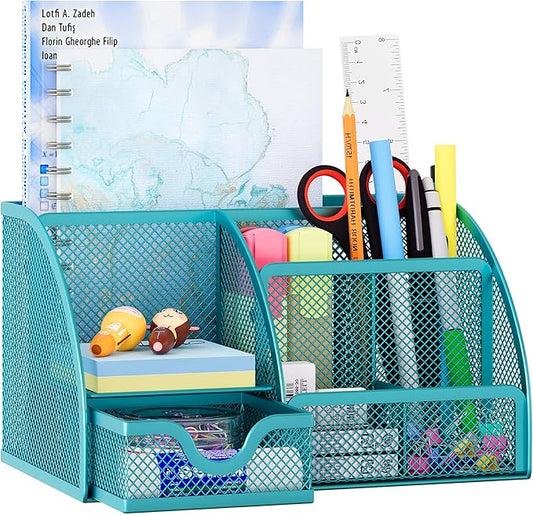 EasyPAG Mesh Desk Organizer, Multi-functional Stationery Organizer for School Supplies, Office Pen Holder for Desk, 6 Compartments Dorm Organization with Drawer, Blue
