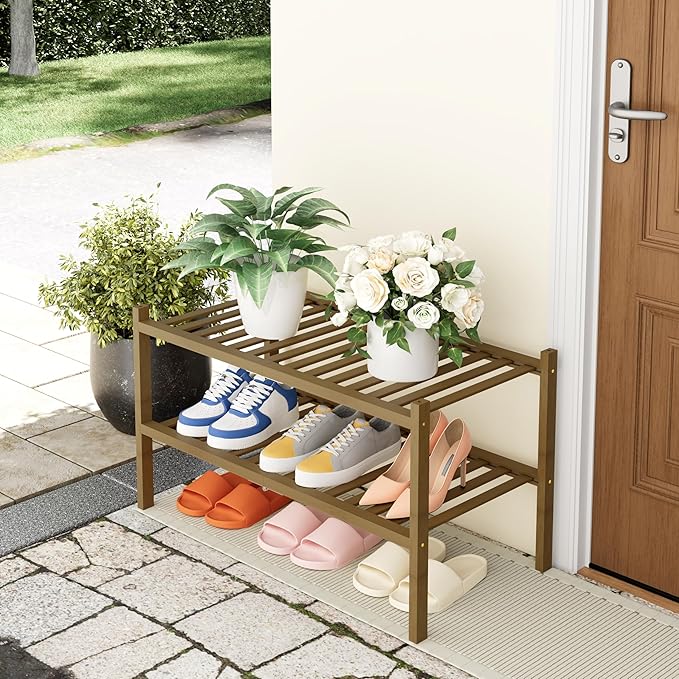 Smiry Shoe Rack, 2 Tier Thick Bamboo Shoe Organizer, Stackable Free Standing Wooden Shoe Storage Shelf for Closet, Entryway, Front Door Entrance, Walnut-NeatNest