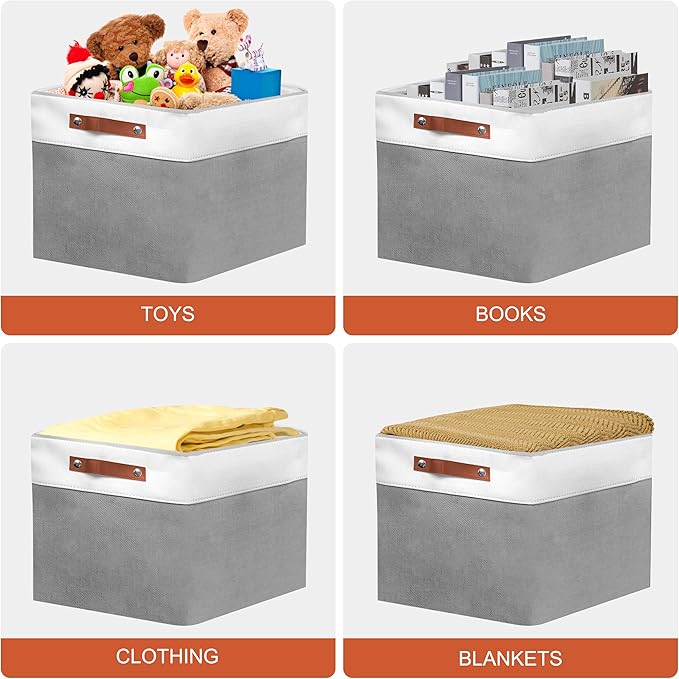 11in Open Fabric Storage Basket with Leather Handles for Organizing, Collapsible Linen Closet Bins for Shelves, Closets, Laundry, Decorative Basket for Gifts. (White＆Gray, 2PCS/11x11in)-NeatNest