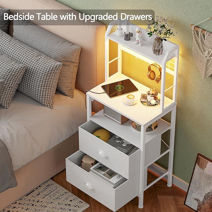 Furologee 40'' Tall Nightstand with Charging Station, Bedside Table with LED Lights, End Table with 2 Drawers and Storage Shelves, Night Stand with Pegboard for Bedroom, White