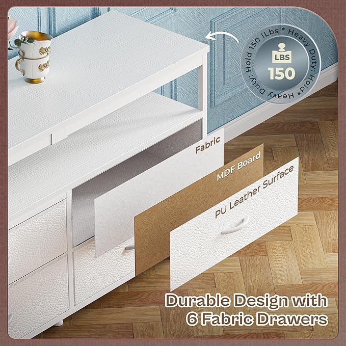 Huuger 63 Inch TV Stand for 55, 65, 70 Inch TV, Long Dresser TV Stand for Bedroom, White LED TV Stand with Power Outlets, Fabric Drawer Dresser with Storage, Entertainment Center for Living Room-NeatNest