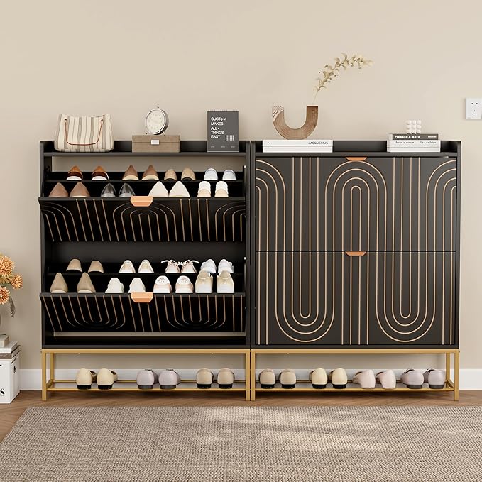 LEVNARY Narrow Shoe Storage Cabinet Set of 2, Mid-Century Modern 2-Tier Wooden Shoe Rack Organizer with Carving Lines, Freestanding Hidden Shoe Cabinet for Entryway Hallway Foyer (2, Black)-NeatNest