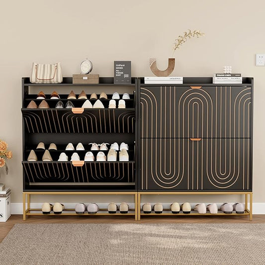LEVNARY Narrow Shoe Storage Cabinet Set of 2, Mid-Century Modern 2-Tier Wooden Shoe Rack Organizer with Carving Lines, Freestanding Hidden Shoe Cabinet for Entryway Hallway Foyer (2, Black)-NeatNest