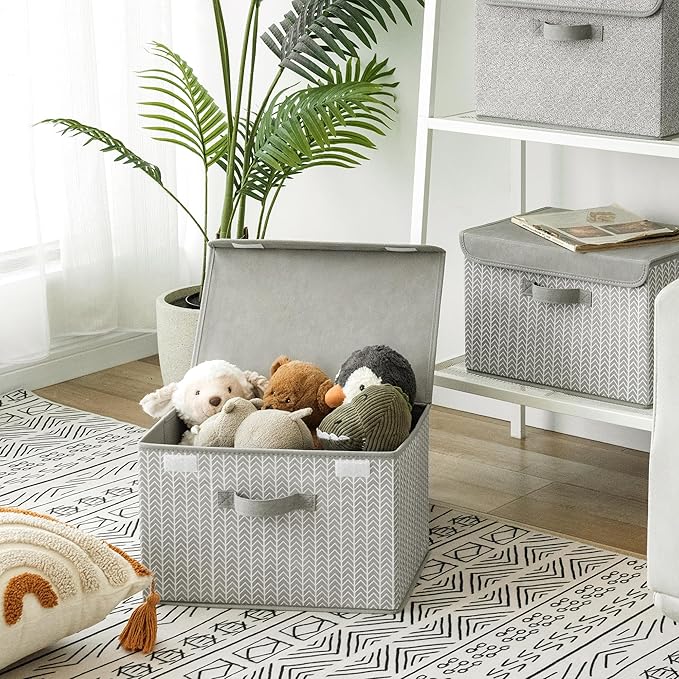 GRANNY SAYS Fabric Bins with Lids, Decorative Storage Containers with Lids, Stackable Storage Bins, Large Storage Boxes for Organizing Closet Shelves, Light Gray/White, 2-Pack-NeatNest