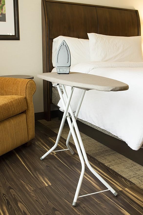 40" Foldable Ironing Board – Compact, Space-Saving Stand w/Adjustable Height – Sturdy Ironing Table w/Collapsible Y-Legs & Cover for Clothes - (Khaki Cover/White Legs)