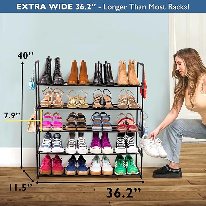 Sundaze Shoe Rack - 5 Tier Metal Shoe Rack for Front Door Entrance, Sturdy Long Shoe Organizer for Closet, Bedroom, Entryway, Garage, Black Metal Shoe Shelf, Holds Up to 25 Pairs-NeatNest