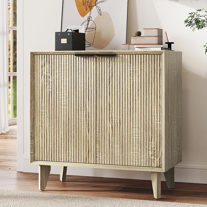 Fluted Cabinet with Storage, Small Buffet Sideborad with Door, Kitchen Buffet Storage Accent Cabinet with Adjustable Shelves for Living Room, Entry, Hallway, Natural