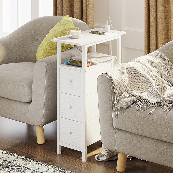 End Table with Charging Station, Narrow Side Table with 3 Fabric Drawers, Skinny Nightstand with LED Light, Slim Bedside Table for Bedroom, Living Room, Small Spaces, White