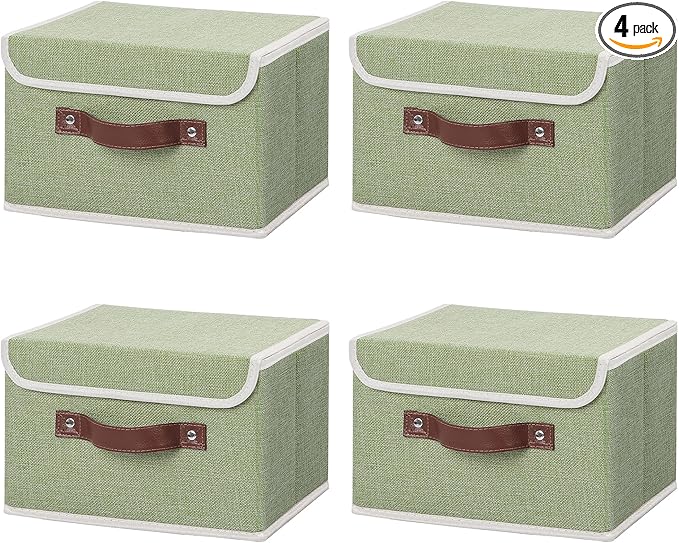 ANMINY 4PCS Storage Bins with Lid PU Leather Handles Storage Boxes PP Plastic Board Decorative Foldable Lidded Cotton Linen Fabric Home Cubes Baskets Closet Organizer Containers - Green, Small Size-NeatNest