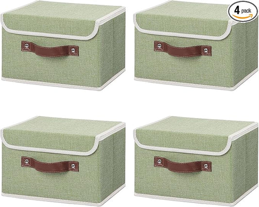 ANMINY 4PCS Storage Bins with Lid PU Leather Handles Storage Boxes PP Plastic Board Decorative Foldable Lidded Cotton Linen Fabric Home Cubes Baskets Closet Organizer Containers - Green, Small Size-NeatNest