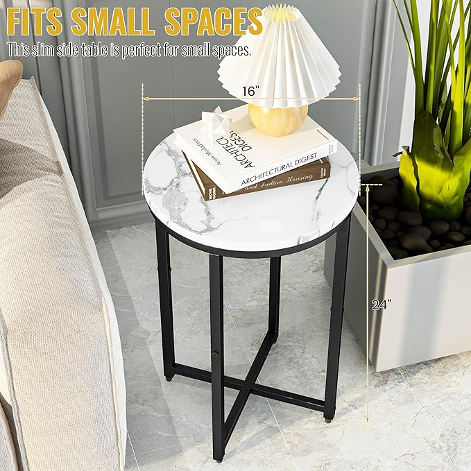 DKLGG Modern Black Side Table Set of 2, Small Coffee Table Round End Table with Black Frame, Faux Marble Bedside Table for Living Room, Bedroom, Small Space, 16" D*24" H