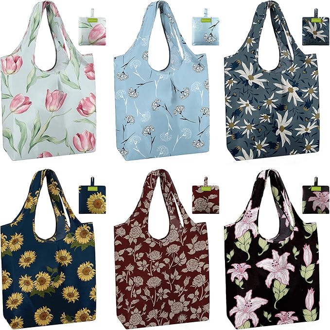 BeeGreen Reusable Grocery Bags 6 Pack, Heavy Duty Totes for Women, Foldable Grocery Bag Large Shopping Totes with Handles for Work, Travel, Gift, Store, Polyester Washable Reusable Tote Bag-NeatNest